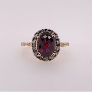 14k YG Raspberry Rhodolite checkerboard cut and diamond ring